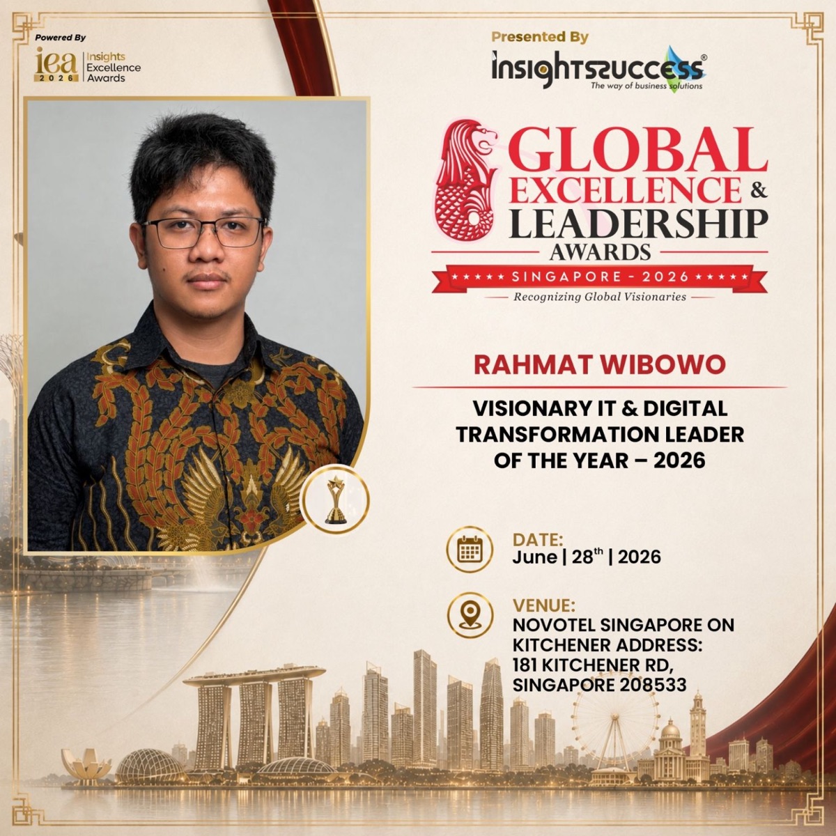 Global Excellence & Leadership Awards Singapore 2026 card naming Rahmat Wibowo Visionary IT & Digital Transformation Leader of the Year