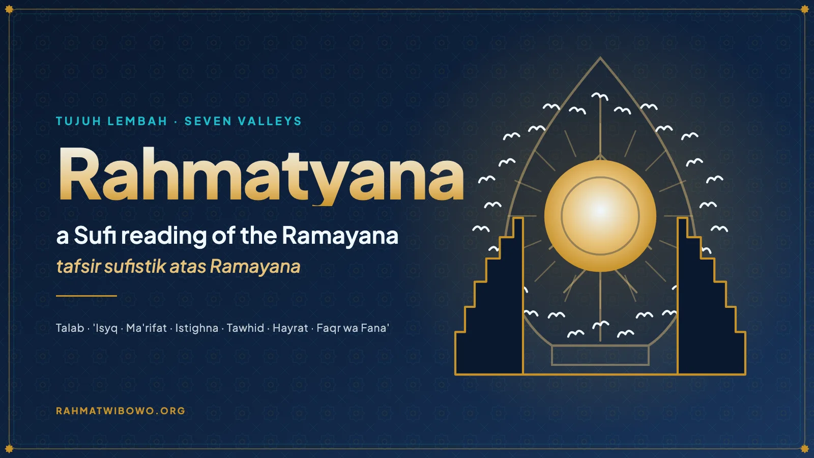 Rahmatyana poster: a wayang gunungan with a sun-like mirror ringed by thirty birds, framed by a split temple gate